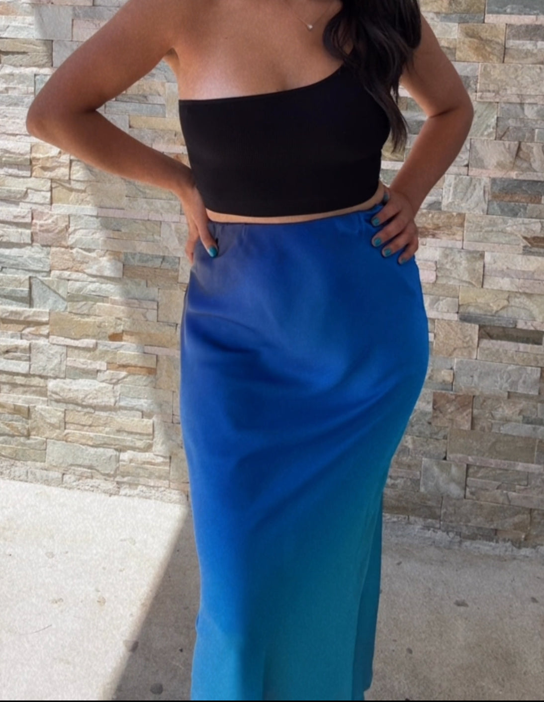 OMBRE BLUE SATIN MIDI SKIRT