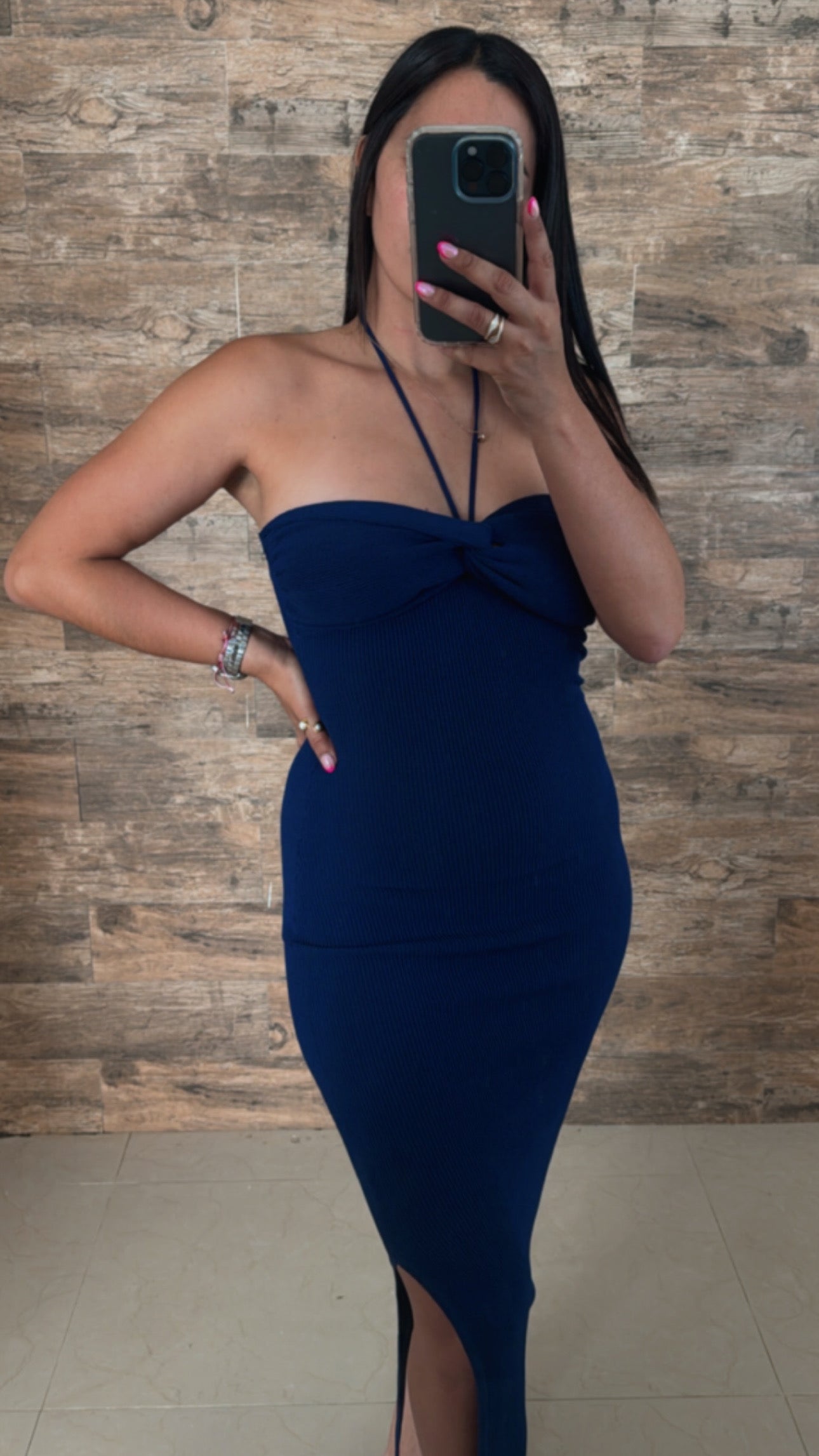 Halter neck navy dress
