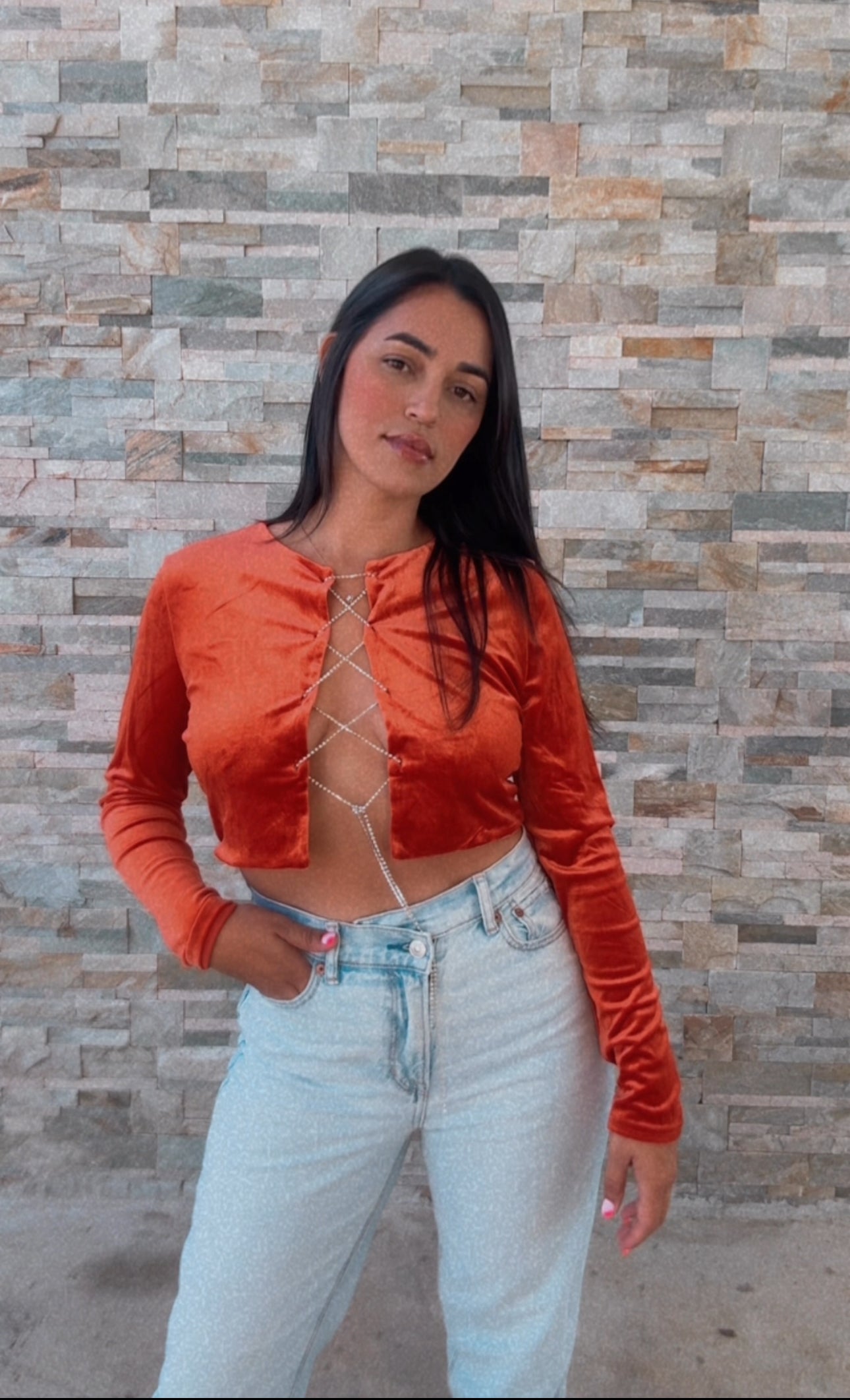 VELVET TOP WT CHAIN LACED FRONT