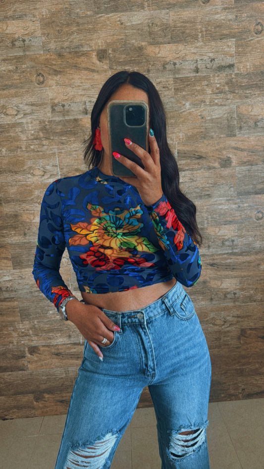BLUE HIGH NECK MESH FLORAL PRINT