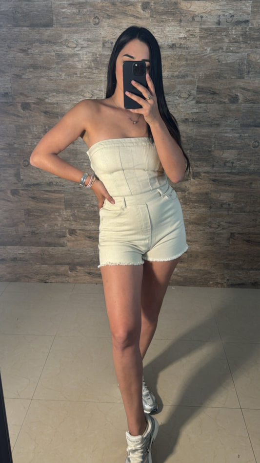 TAUPE DENIM CORSET ROMPER